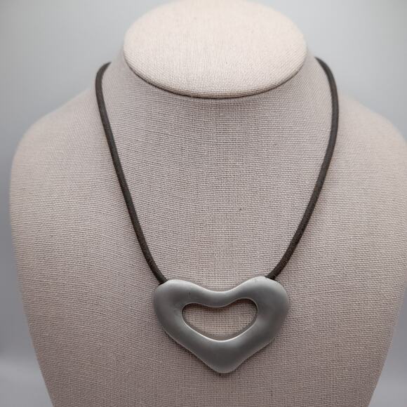 Chico’s Silver Tone Open Heart Pendant Necklace on Leather Cord, 21 Inches - Picture 2 of 8